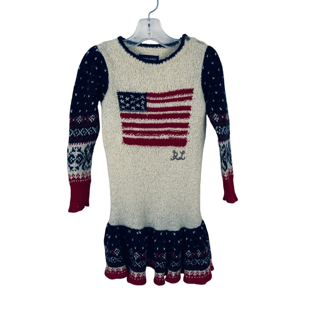 Ralph Lauren Kids American Flag Sweater Dress Cream Navy Red 2T Wool Blend